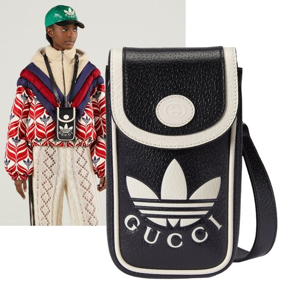 GUCCI BAG 721794 ADIDAS X TREFOIL LOGO BLACK LEATHER MINI WITH STRAP - Picture 1 of 15